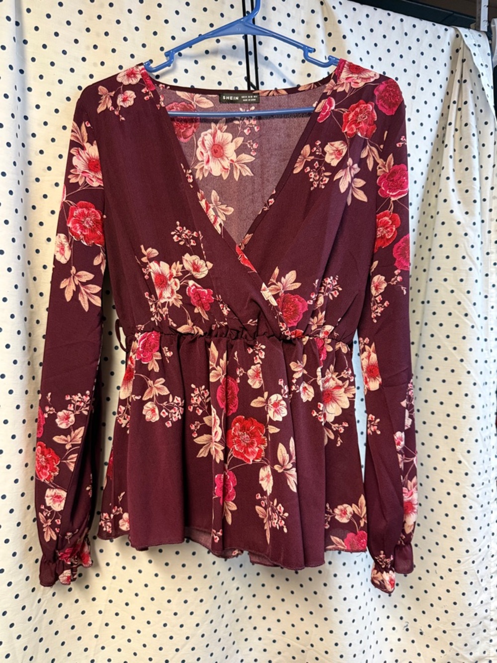 SHEIN Burgundy Floral Wrap Peplum Top